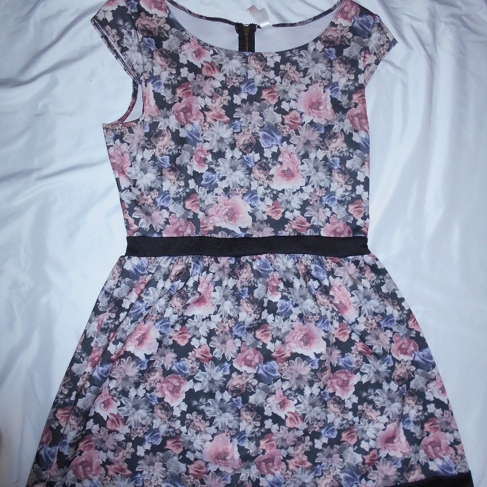 Scuba material floral dress with black trim